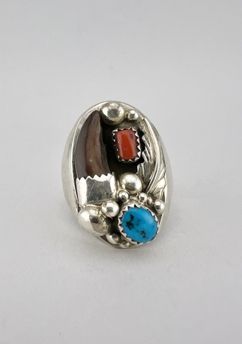 Vintage Navajo Sterling Silver Kingman Turquoise & Coral Men's Ring 20g ...