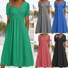 Women Maxi Sundress Party Dress A-line Summer Short Sleeve New V Neck Dress