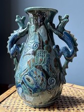 C H Brannam Arts Crafts Devon Pottery Dragon Handled Vase