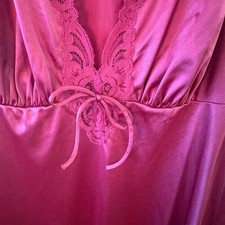 Vintage Magenta Pink Satin Lace Trim Maxi Nightgown Sleepwear Empire Waist