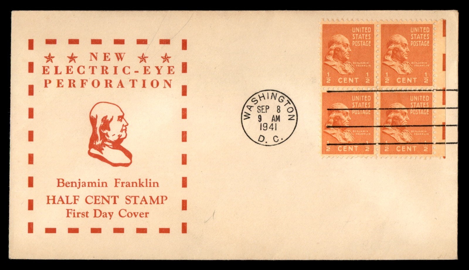 Mayfairstamps US FDC 1941 block 1/2 cent Benjamin Franklin electric-eye ...