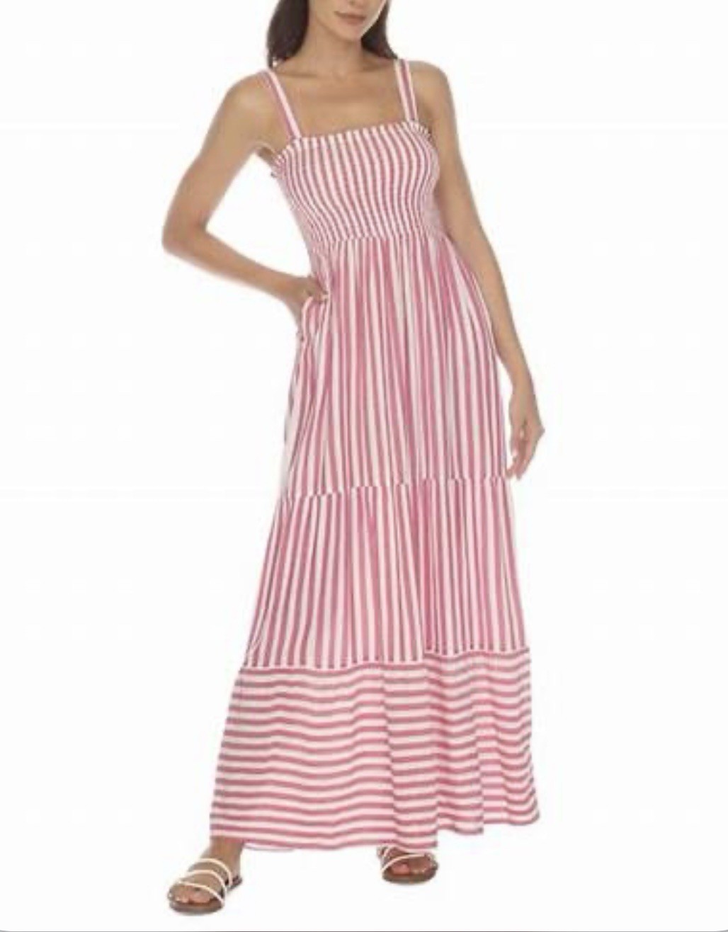 Raviya Striped Tiered Maxi Cover-up Dress - Pink/White, Size Small, MSRP $54