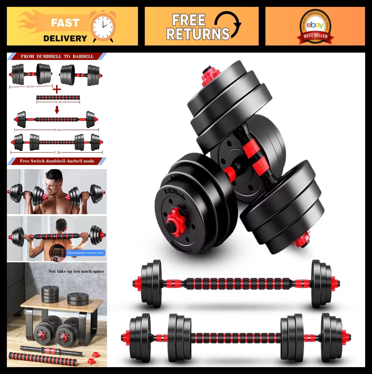 Adjustable Dumbbell Set - 2-in-1 Free Weights & Barbell for Home Gym, Lightweigh