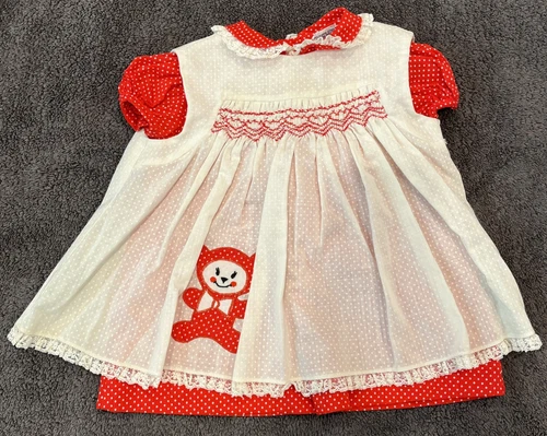 OFF WHITE Vestito Polly Flinders rosso sporco bianco fumè vintage anni 80 neonato neonato 12 mesi