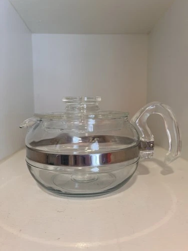 Vintage PYREX Flameware 6 Cup Glass Teapot Kettle Coffee Pot 8336 Blue Tint EUC