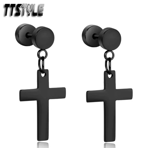 TTstyle Black Surgical Steel Large Cross Dangle Fake Ear Plug