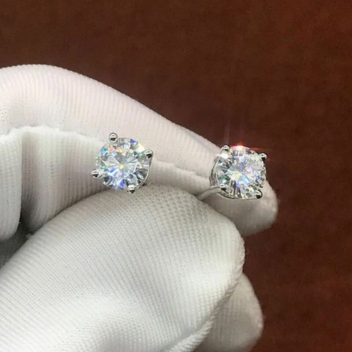 1.50 Ct Round Cut Diamond Solitaire Wedding Stud Earrings 14K White Gold Finish - Picture 4 of 7