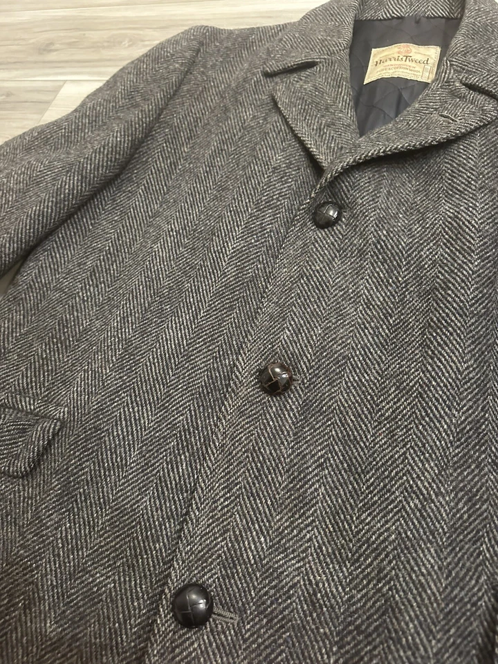 Vintage 1950s Harris Tweed Men's Wool Salt And Pepper Overcoat Jacket X-Large - Image 4 of 4