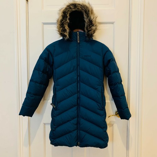 Mädchen lange Marmot Jacke mit Kapuze 700 Daunenfüllung Style Größe L Kunstfell