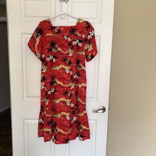 Vintage Hawaiian Togs Red Mumu Dress Large Palm Trees Hibiscus - Picture 11 of 15