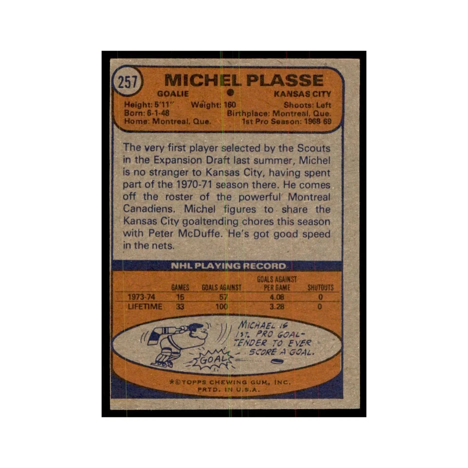 Michel Plasse 1974 Topps #257 Hockey Cards Hockey Card EX - Image 2 of 3