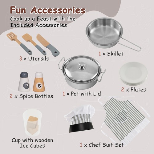 HONEY JOY Kids Pretend Play Kitchen Wooden Cooking Playset w/Sounds Lights Brown - Picture 5 of 9