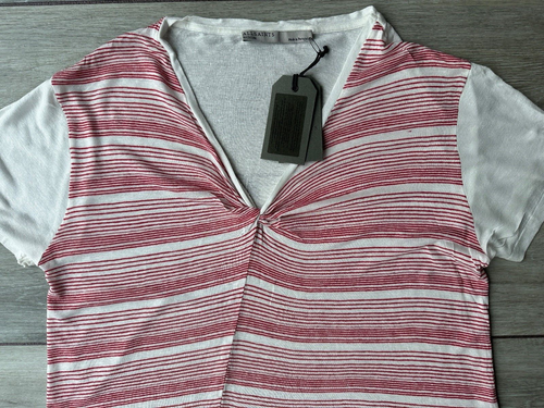 ALL SAINTS WOMENS CHALK / CRIMSON "ILI STRIPE TEE" T-SHIRT TOP - MEDIUM - £38 - Picture 3 of 11