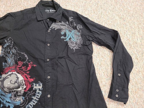 Xtreme Couture Shirt Men Small Black Button Up Skull Graphic Grunge Floral Biker - Picture 5 of 14