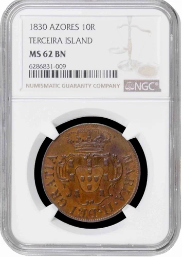Azores (Terceira Island) 10 reis 1830, NGC MS62, "Maria II in exile (1828-1833)"