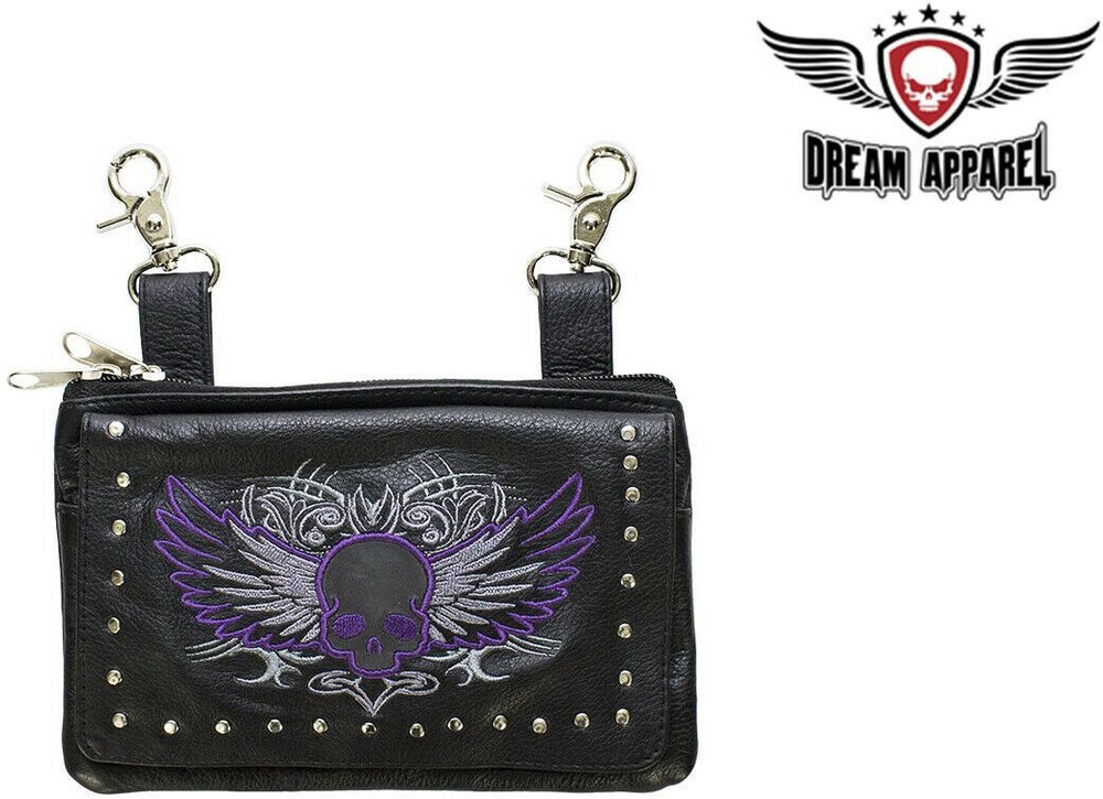 Purple Skull Studded Cowhide Leather Belt Bag  