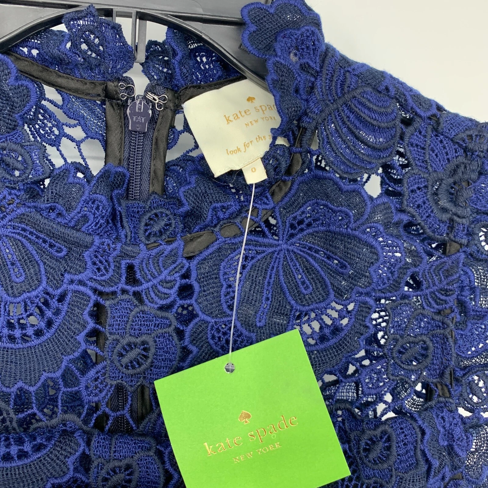 Abito donna Kate Spade NY taglia 0 bi colore blu pizzo floreale senza maniche midi nuovo con etichette