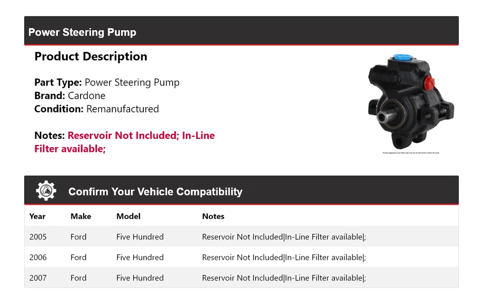 Bomba de dirección asistida Cardone 2006 para Ford Five Hundred 2005-2007 Foto 2 de 4