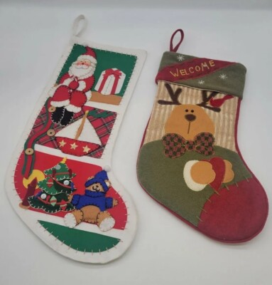 Two Vintage Christmas Stockings Santa/ Reindeer
