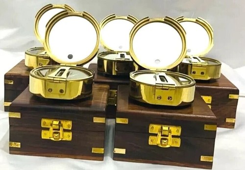 Brass Stanley London Compass Marine Brunton Compass With Wooden Box Lot of 5 Pcs - 第 5/6 張圖片