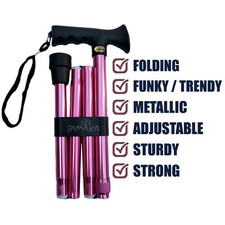 TAMAKA® Pink 4-Part Ladies Folding Adjustable Aluminium Compact Walking Stick