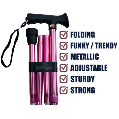 TAMAKA® Pink 4-Part Ladies Folding Adjustable Aluminium Compact Walking Stick