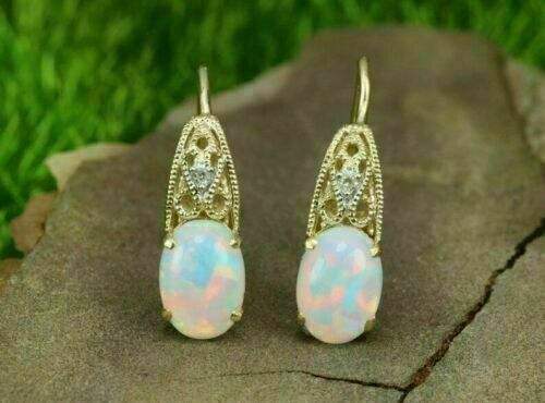 2Ct Oval Cut Simulated Opal Women's Drop/Dangle Earrings 14k Yellow Gold Plated - Picture 1 of 4