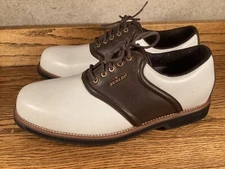 DUNLOP DRY MENS WHITE BROWN LEATHER GOLF SOFT SPIKES SZ. 9.5 EXCELLENT COND