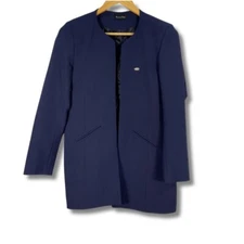 Massimo Dutti Long Open Blazer Jacket Collarless Navy Womens Size EU 38 US 6