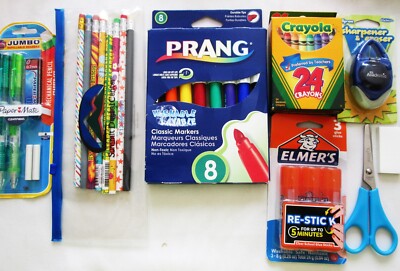 Lot School Supply: Marker/Crayon/Eraser/Sharpener/Glue/Mechanical Pencil/Bag