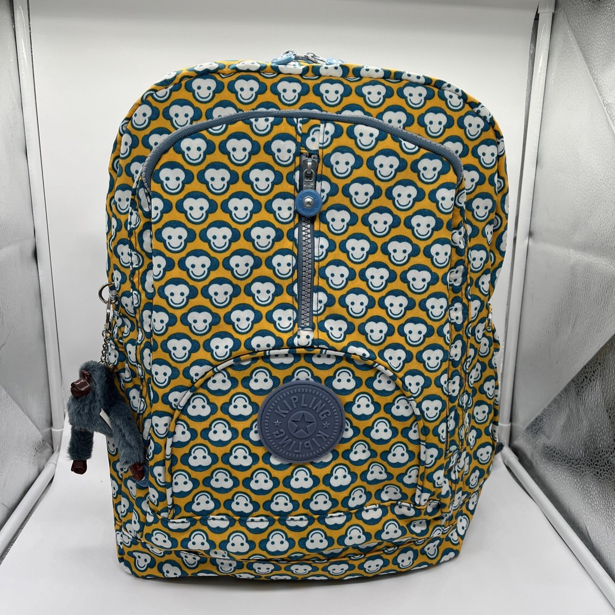 Kipling Large 15” Laptop Backpack Yellow Blue Monkeys Rare  display picture 1