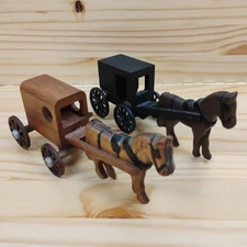 2 Wooden Amish Horse and Buggy Toys Handcrafted Vtg