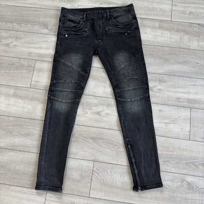 MNML Men's Black Denim Moto Biker Jeans, Ribbed Panel, Ankle Zip, size 34