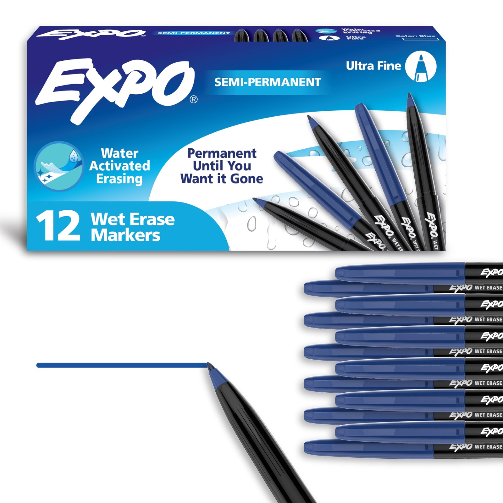 Fine Tip Blue Ink Whiteboard Writing 12 Pack Set