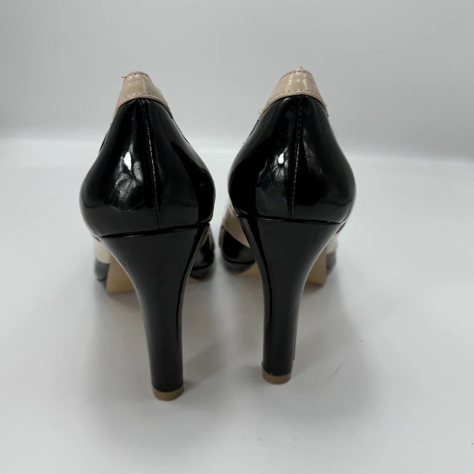 Bandolino Sz 7.5 Open Toe High Heels Tan Red Leather Patchwork PeepToe Shoes Y2K - Image 4 of 4