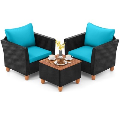 3PCS Patio Rattan Furniture Set Cushioned Sofa Storage Table Wood Top Turquoise