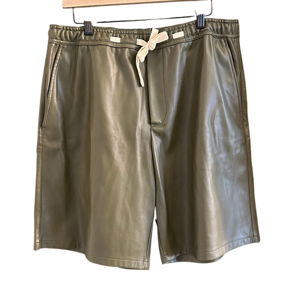 Zara Wax Effect Olive Green Elastic Waist Drawstring Shorts Size L