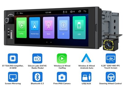 Single DIN Wireless CarPlay Android Auto Stereo Bluetooth 5.3 6.28'' Touchscreen