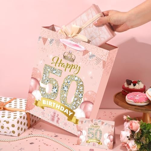 Rose Gold for Women Large Pink Happy with Happy 50th 50th Birthday Gift Bag - Picture 3 of 8