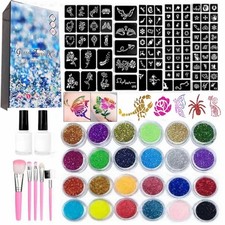Glitter Tattoo Kit for Kids - 24 Stencils, 2 Glue, 5 Brushes, Halloween Fun