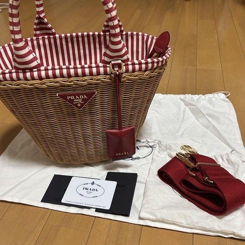 PRADA Basket Bag Brown Red Striped fabric Shoulder strap card storage bag Italy - Picture 11 of 12