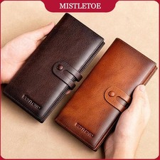 Anti RFID Casual Travel Men Long Wallet Vintage Brown Cow Genuine Leather Card