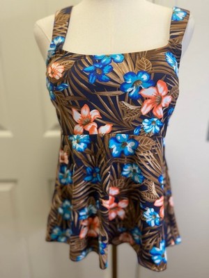 Lands  End Flutter Tankini Top Small Deep Sea Navy Tropic Palm UPF 50 Adjustable