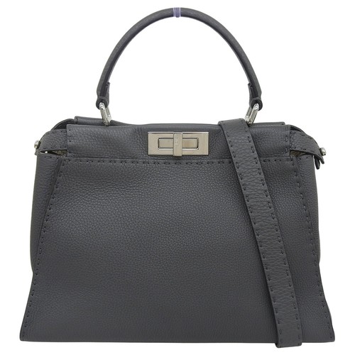 FENDI Peekaboo Selleria Shoulder Bag Leather Gray 2-Compartment Used