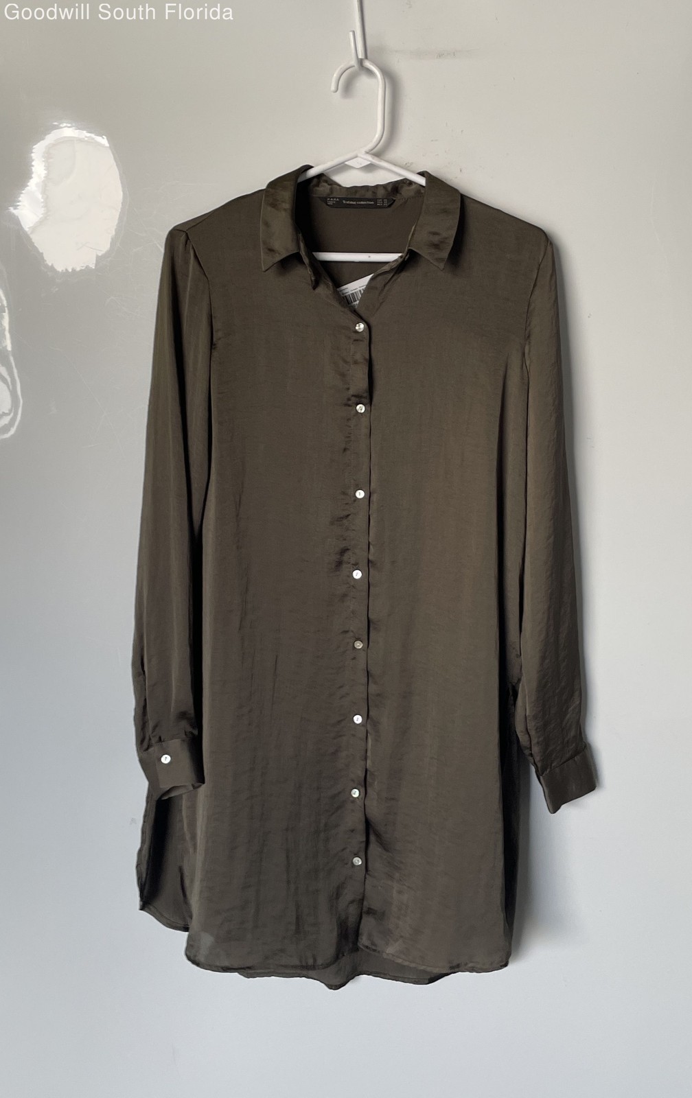 Zara Womens Green Embroidered Back Long Sleeve Button Front Shirt Dress Size XS
