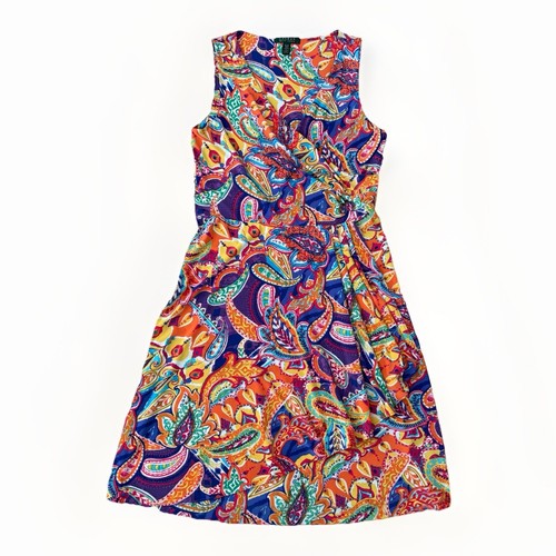 Ralph Lauren Paisley Colorful Sleeveless Faux Wrap Layered Dress Size Medium - Picture 8 of 16