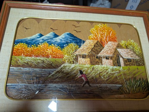 VTG Oil Painting On Leaves On Board Landscape Asian Fishing Hut Landscape OOAK - Picture 5 of 14