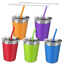 5Pack Kids Cups with Straws and Lids Spill Proof, 12oz with Silicone Straws