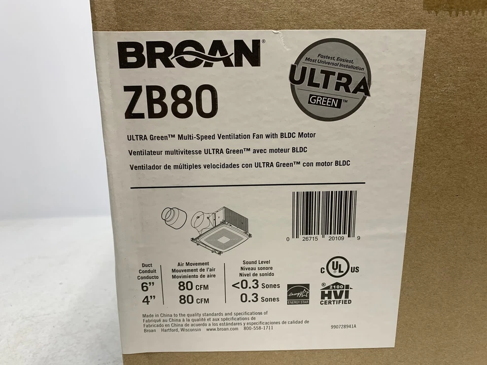 Ventilador de ventilación multivelocidad Broan ZB80 ULTRA verde 80 CFM Foto 2 de 3