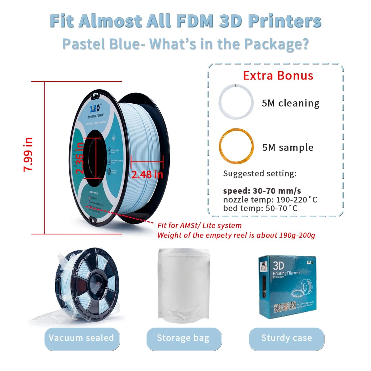 Mat Filament pour Imprimante 3D Mat PLA 1.75mm 1 kg Mat-Bleu Pastel